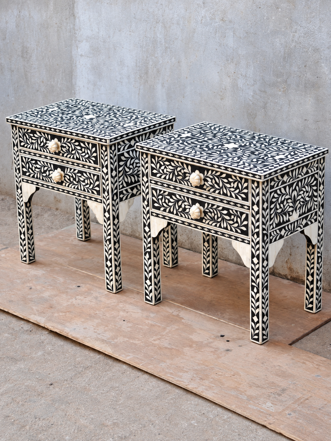 Set of 2 Handmade Black Bone Inlay Bedside Tables – Floral 2 Drawer Nightstands