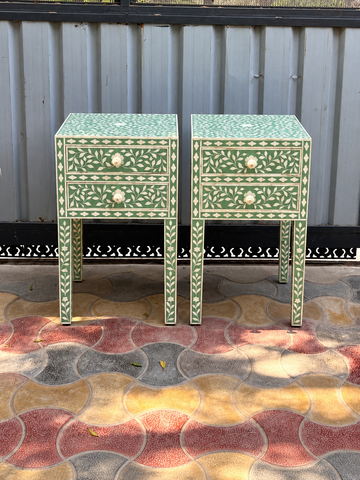 Set of 2 Handmade Green Bone Inlay Bedside Tables – Floral 2 Drawer Nightstands
