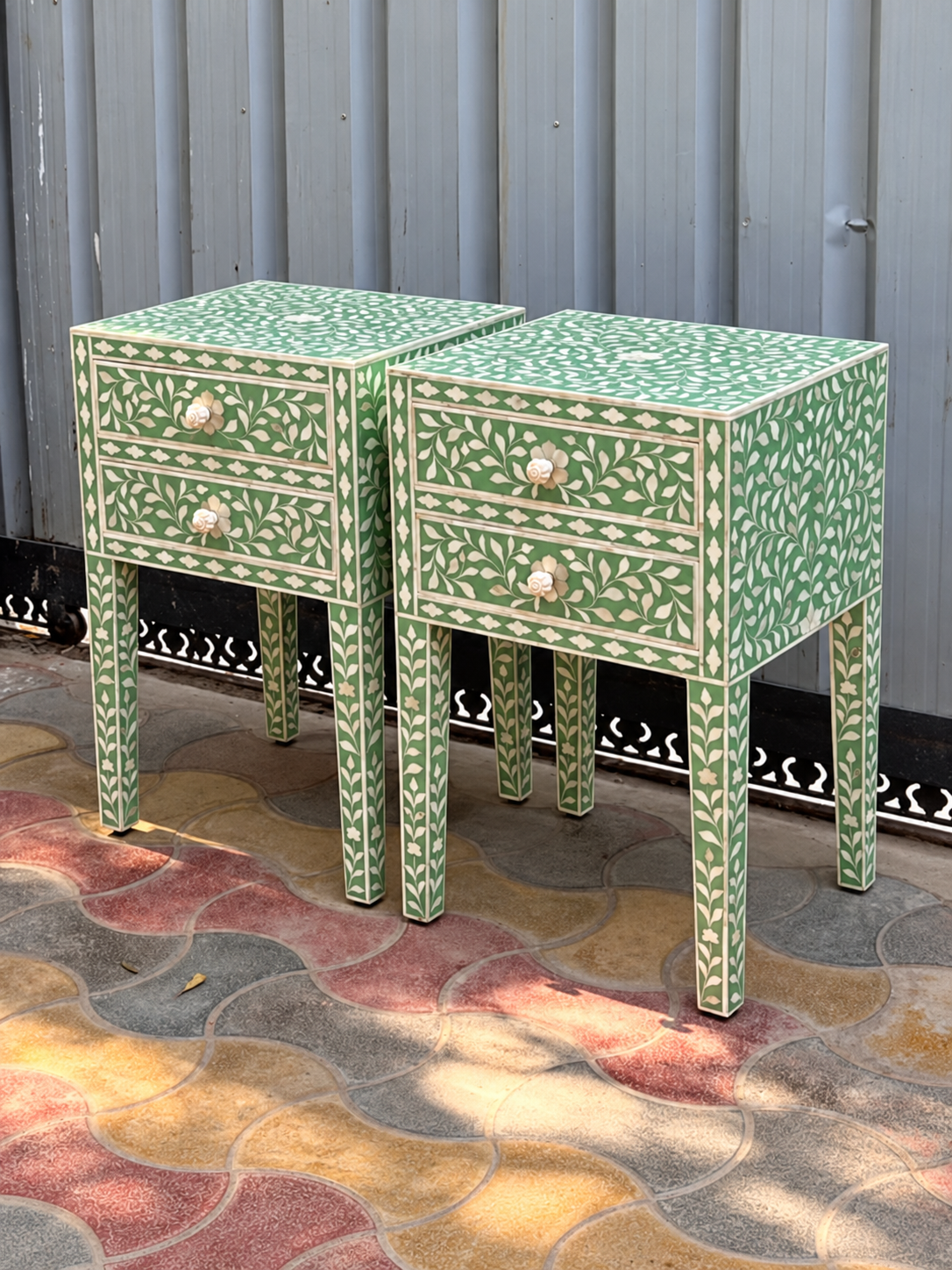 Set of 2 Handmade Green Bone Inlay Bedside Tables – Floral 2 Drawer Nightstands