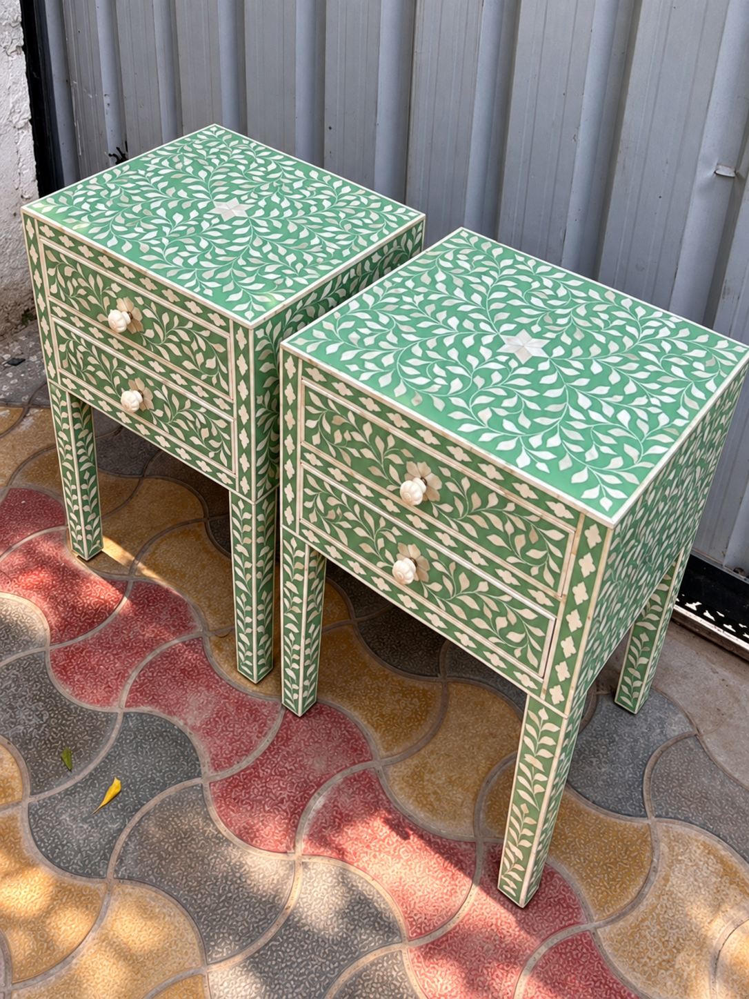 Set of 2 Handmade Green Bone Inlay Bedside Tables – Floral 2 Drawer Nightstands