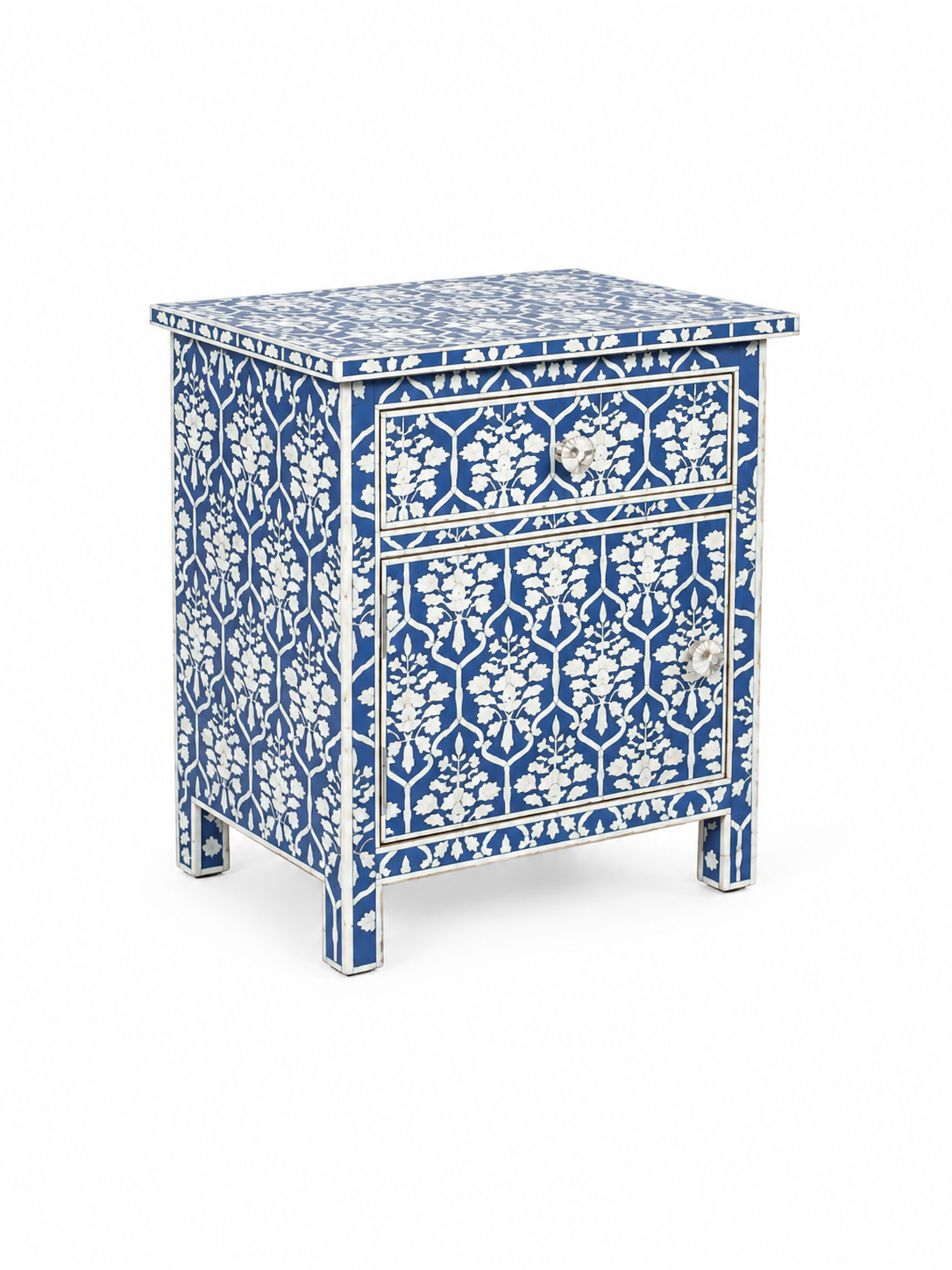 Handmade Blue Bone Inlay Bedside Table – Floral Design with Drawer & Cabinet