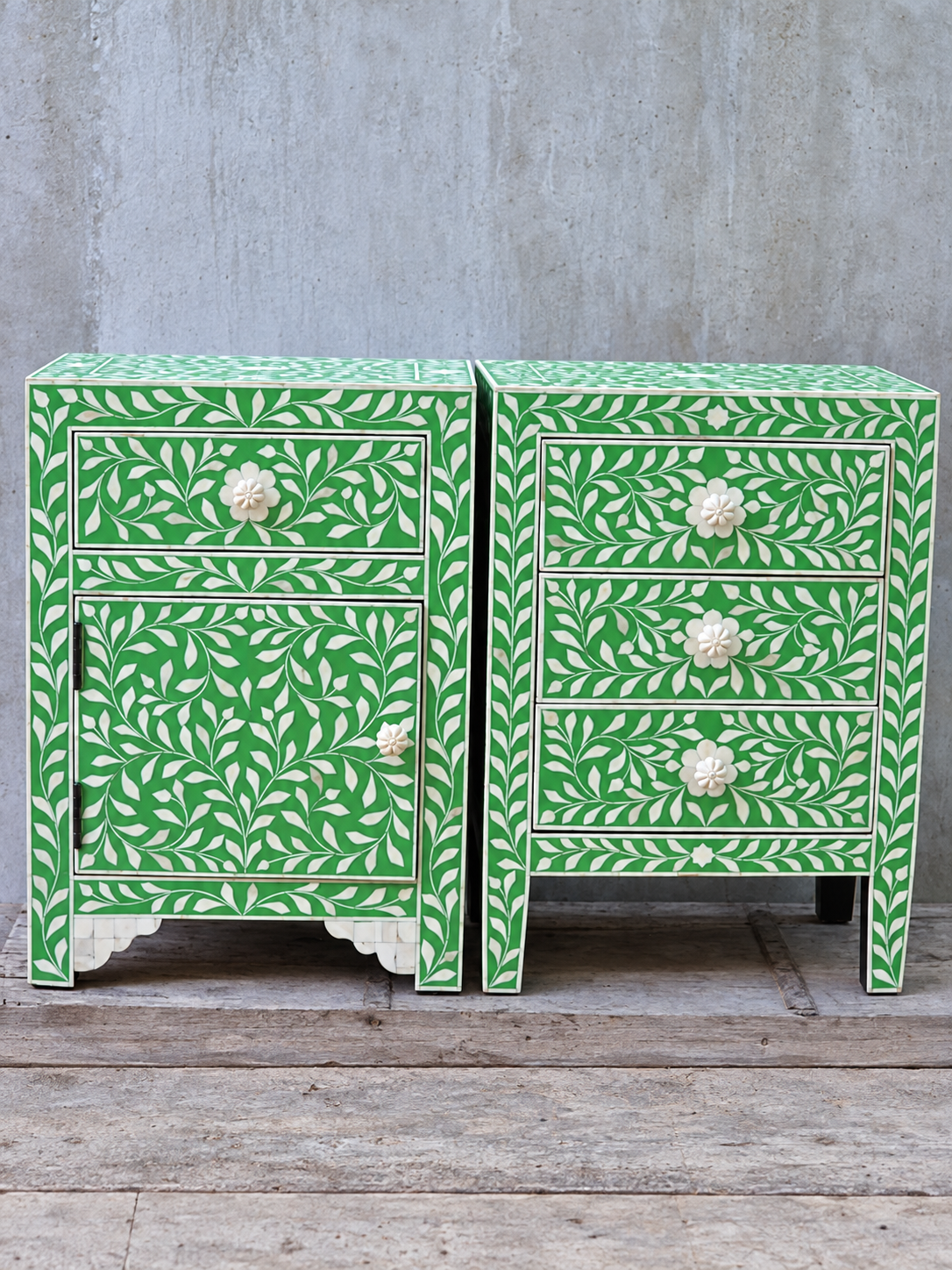 Handmade Green Bone Inlay Bedside Table – Floral Nightstand with Storage