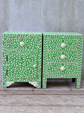 Handmade Green Bone Inlay Bedside Table – Floral Nightstand with Storage