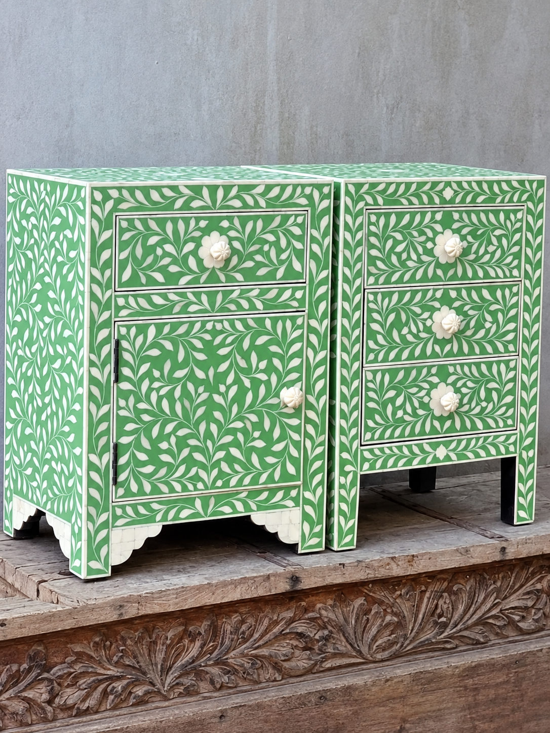 Handmade Green Bone Inlay Bedside Table – Floral Nightstand with Storage