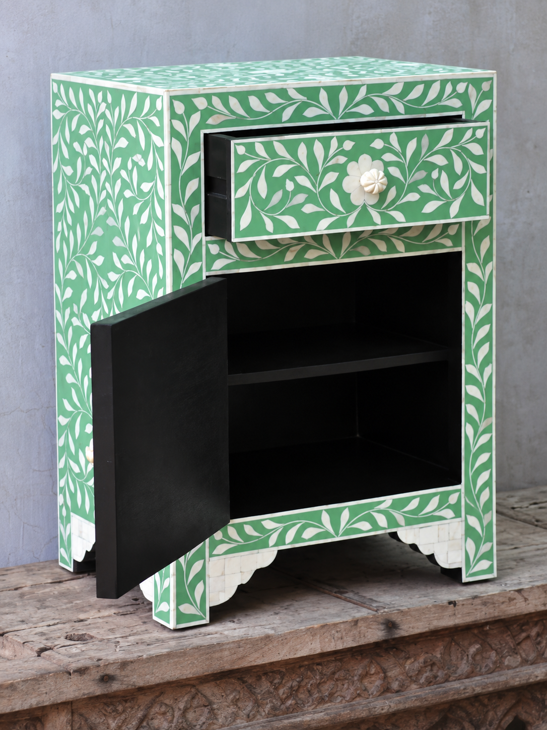 Handmade Green Bone Inlay Bedside Table – Floral Nightstand with Storage