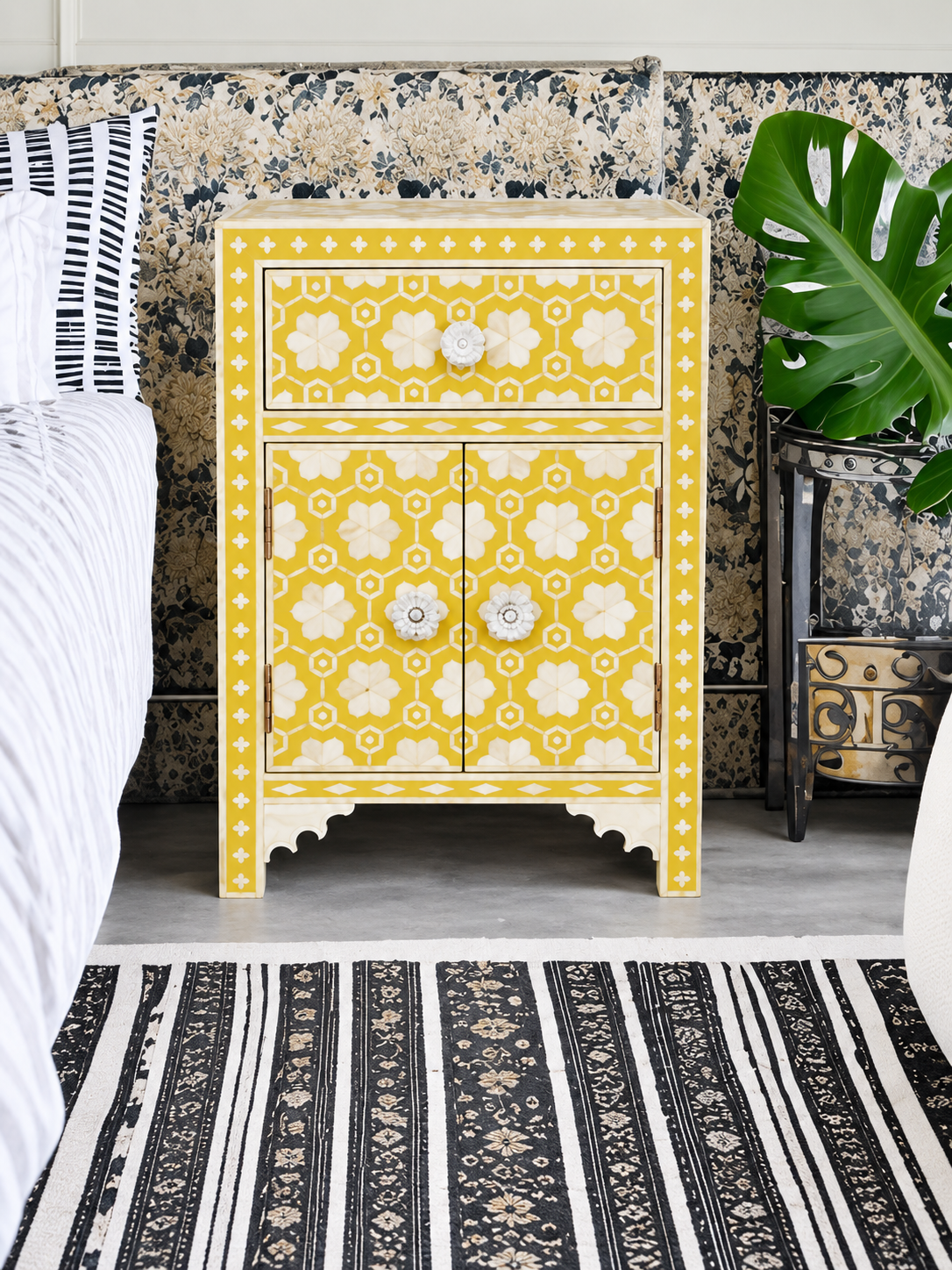 Handmade Yellow Bone Inlay Bedside Table – Floral Design with Drawer & Cabinet