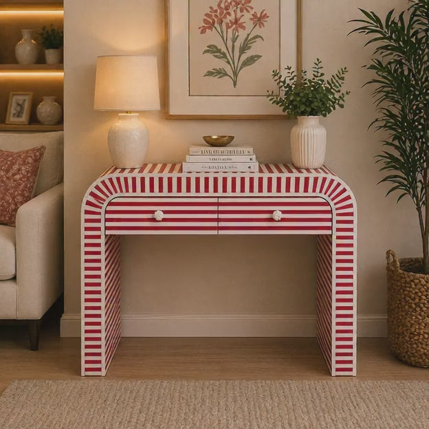 Handmade Bone Inlay Console Table – Red White Striped Entryway Table, Modern Hallway Table, Luxury Inlay Furniture