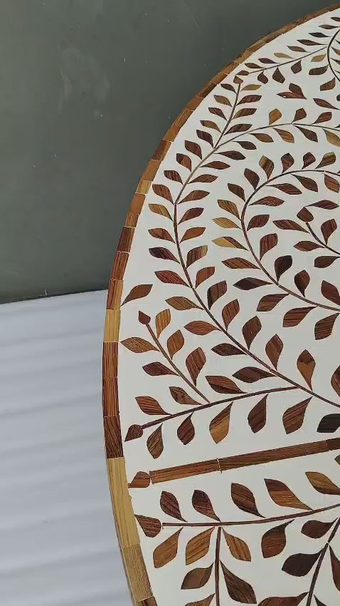 Handmade Bone Inlay Floral Dining Table – Wooden Finish Round Dining Table, Luxury Pedestal Table, Artisan Inlay Furniture