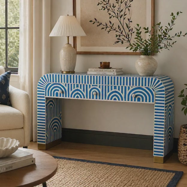 Handmade Bone Inlay 3 Drawer Console Table | Blue Striped Arch Design Entryway Table | Luxury Modern Hallway Furniture