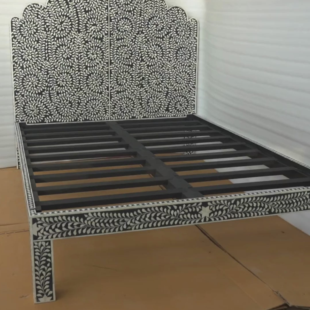 Handmade Bone Inlay Floral Bed – Black White Luxury King Size Bed, Artisan Inlay Headboard Bed, Designer Bedroom Furniture