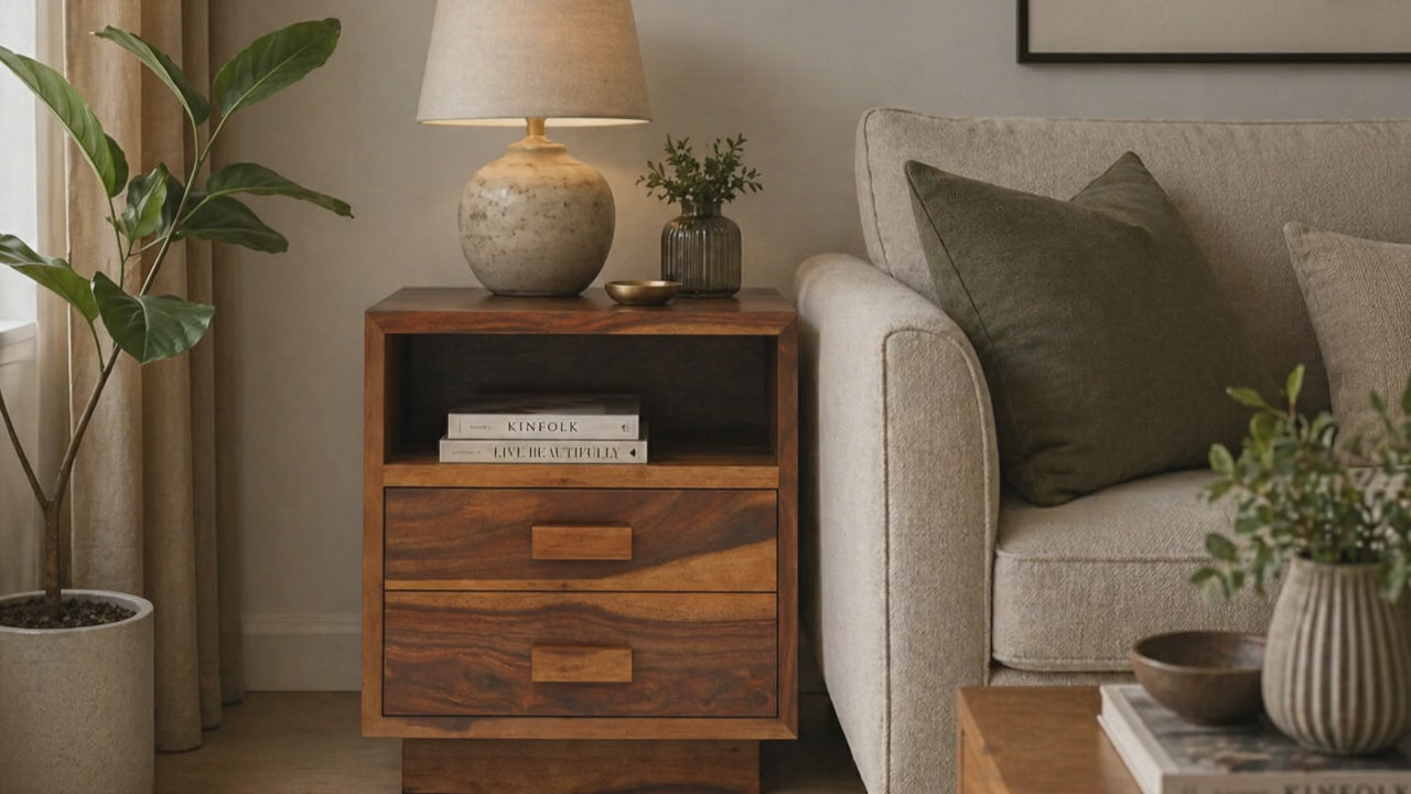 Modern Solid Wood Bedside Table with 2 Drawers & Open Shelf | Rustic Handmade Wooden Nightstand for Bedroom & Living Room