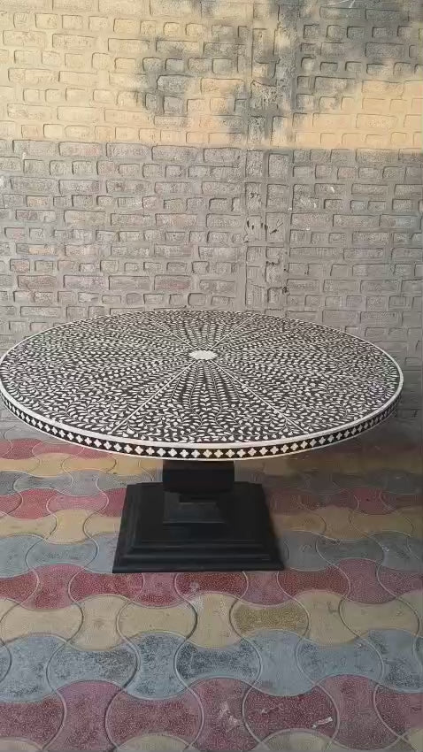 Handmade Black & White Bone Inlay Dining Table – Round Floral Pedestal Table