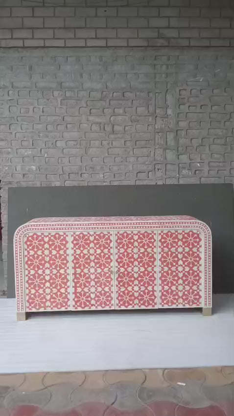 Handmade Bone Inlay Arrow Design Sideboard – Coral White Buffet Cabinet, Luxury Storage Credenza, Artisan Inlay Furniture