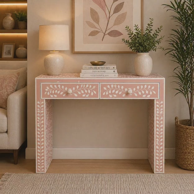 Handmade Bone Inlay Floral Console Table – Peach White Entryway Table, Luxury Hallway Table, Artisan Inlay Furniture