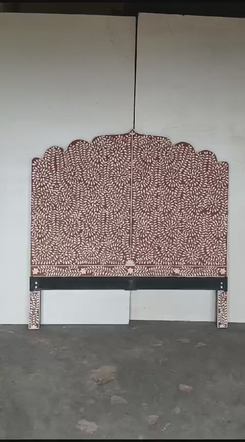 Handmade Bone Inlay Floral Headboard Scalloped Design Wooden Headboard Luxury Bedroom Furniture Custom King Queen Headboard