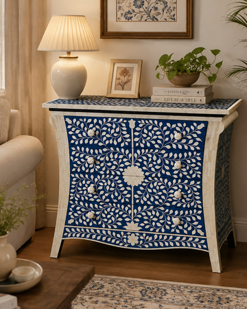 Blue Bone Inlay Chest of Drawers Handmade Floral Dresser Cabinet Luxury Storage Furniture Boho Chic Home Decor