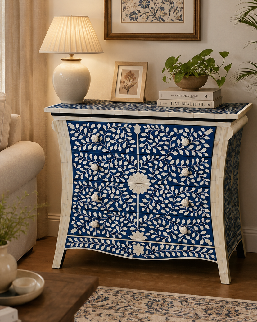 Blue Bone Inlay Chest of Drawers Handmade Floral Dresser Cabinet Luxury Storage Furniture Boho Chic Home Decor