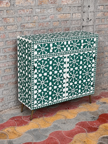 Green Bone Inlay Cabinet Handmade Geometric Sideboard Storage Cabinet Luxury Accent Furniture Boho Chic Home Decor