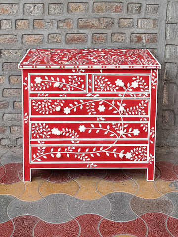 Red Bone Inlay Chest of Drawers Floral Handmade Dresser Cabinet Luxury Storage Furniture Boho Chic Bedroom Decor
