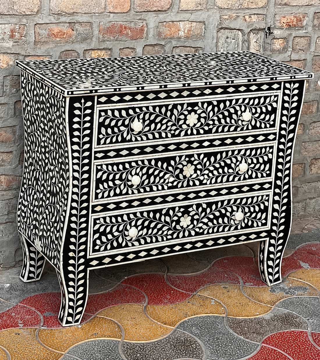 Black Bone Inlay Chest of Drawers Floral Handmade Dresser Cabinet Luxury Storage Furniture Boho Chic Bedroom Decor