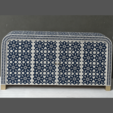 Handmade Bone Inlay Arrow Design Sideboard – Coral White Buffet Cabinet, Luxury Storage Credenza, Artisan Inlay Furniture
