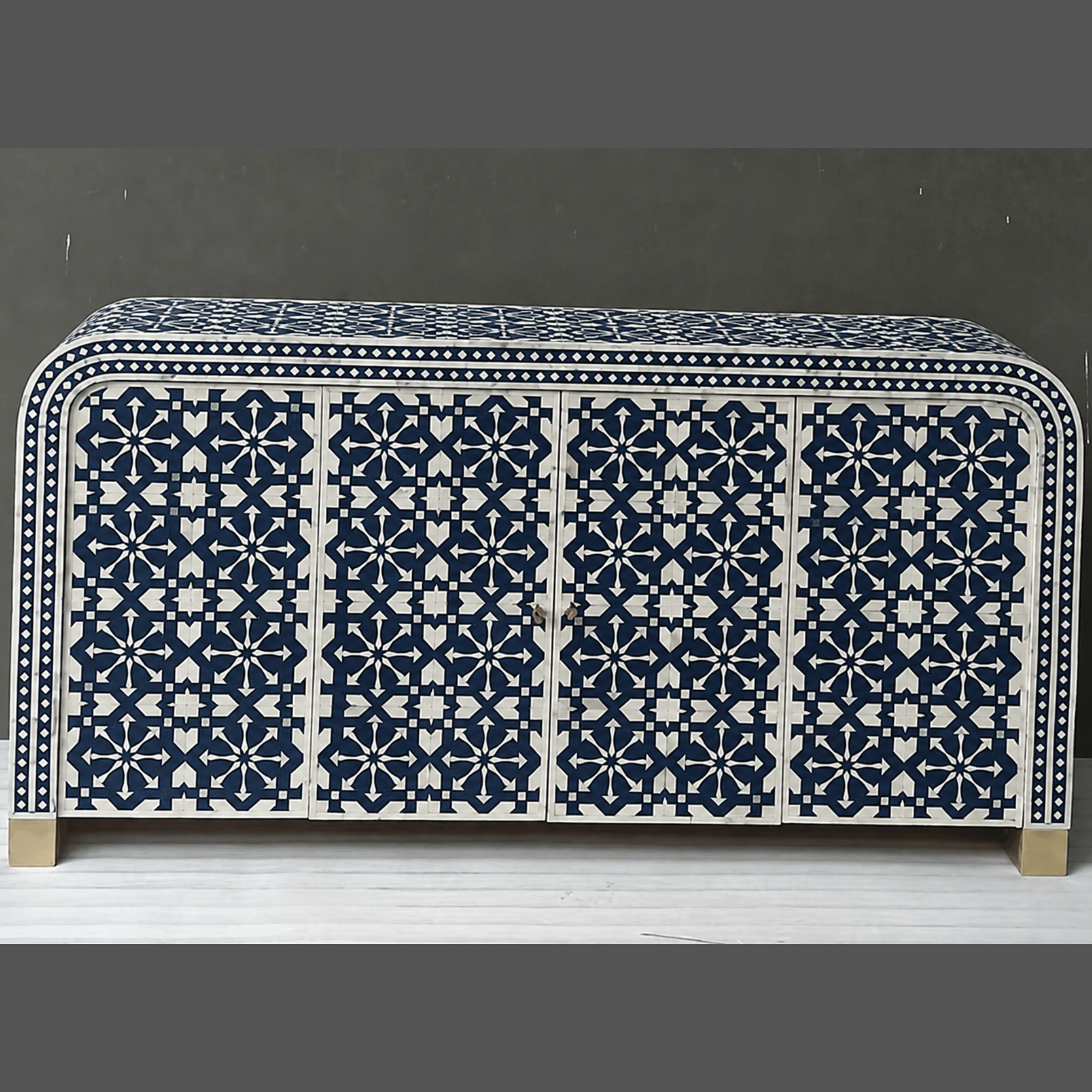 Handmade Bone Inlay Arrow Design Sideboard – Coral White Buffet Cabinet, Luxury Storage Credenza, Artisan Inlay Furniture