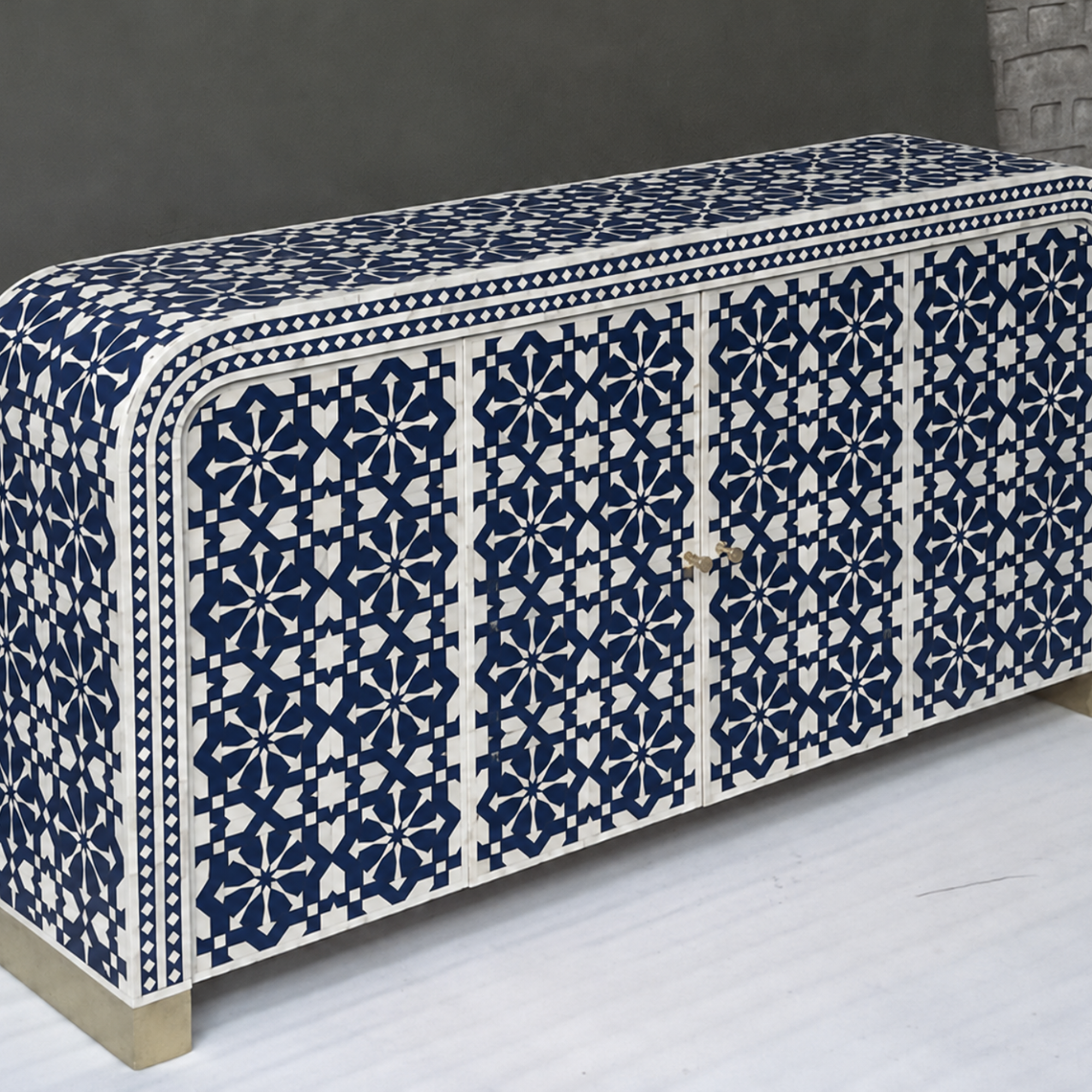 Handmade Bone Inlay Arrow Design Sideboard – Coral White Buffet Cabinet, Luxury Storage Credenza, Artisan Inlay Furniture
