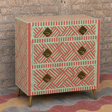 Handmade Pink Bone Inlay Chest of Drawers | Geometric 3 Drawer Dresser