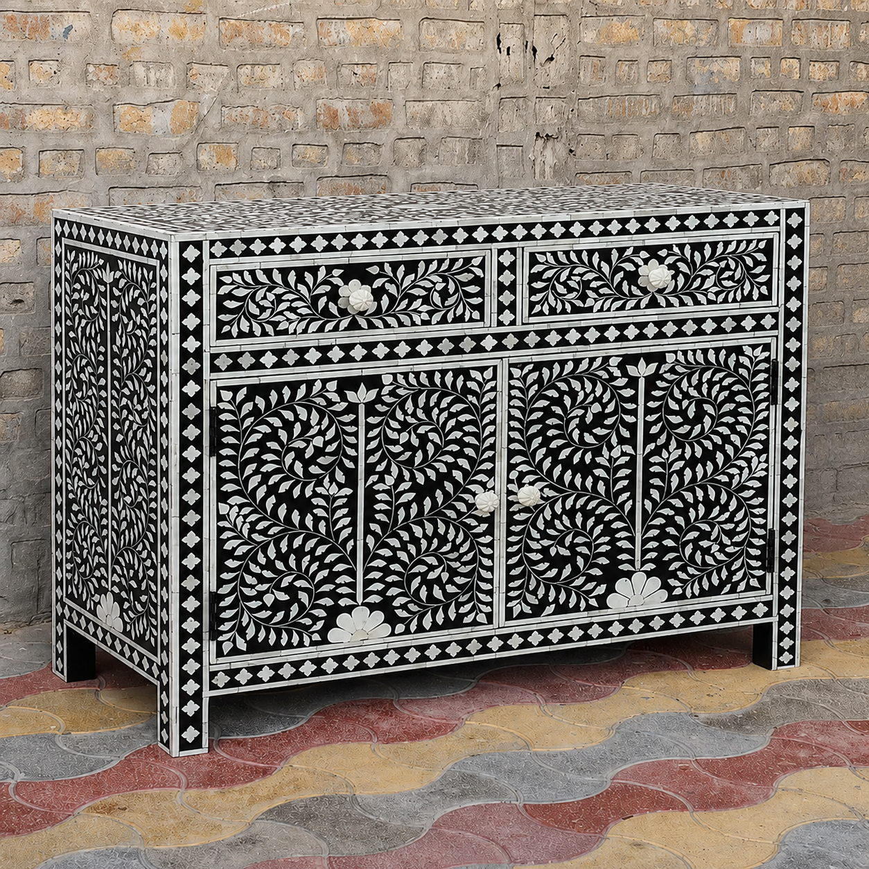 Handmade Black Floral Bone Inlay Sideboard Cabinet | Luxury Wooden Buffet Storage Cabinet
