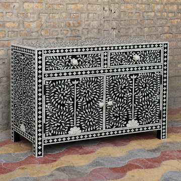 Handmade Black Floral Bone Inlay Sideboard Cabinet | Luxury Wooden Buffet Storage Cabinet
