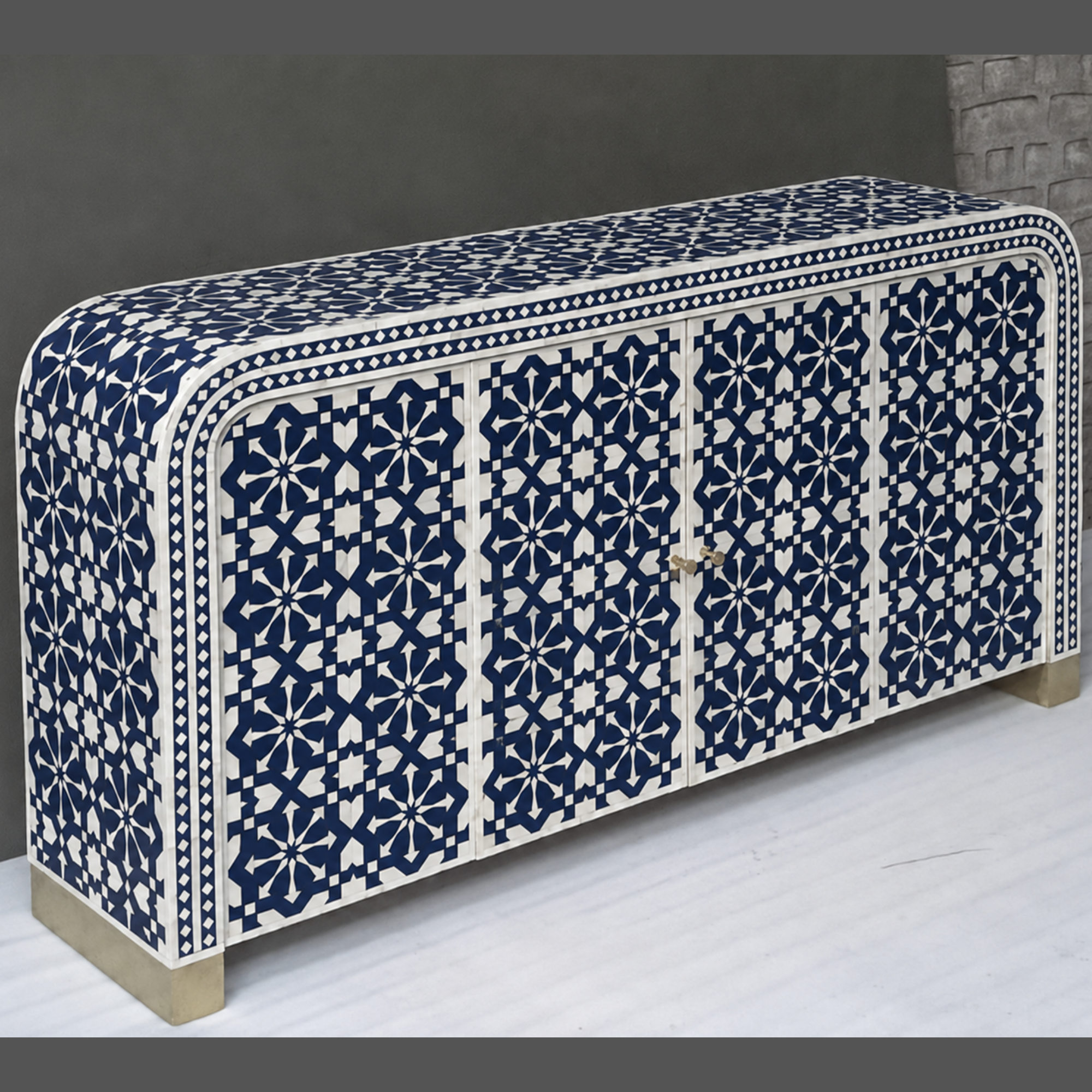 Handmade Bone Inlay Arrow Design Sideboard – Coral White Buffet Cabinet, Luxury Storage Credenza, Artisan Inlay Furniture