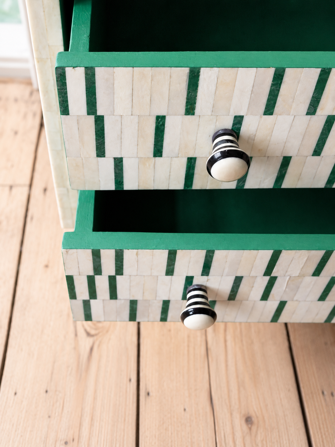 Handmade White & Green Bone Inlay Dresser – 3 Drawer Chest of Drawers