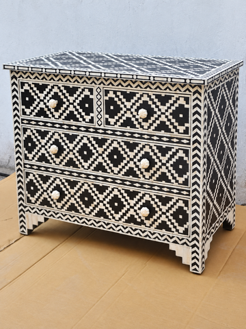 Handmade Black & White Bone Inlay 4 Drawer Dresser – Geometric Design