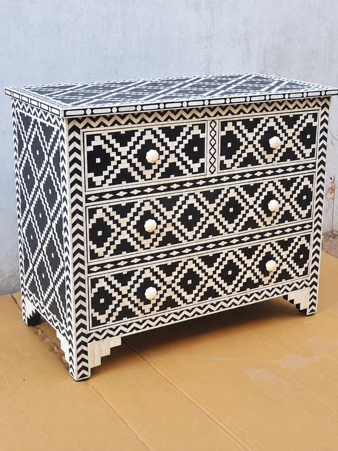 Handmade Black & White Bone Inlay 4 Drawer Dresser – Geometric Design
