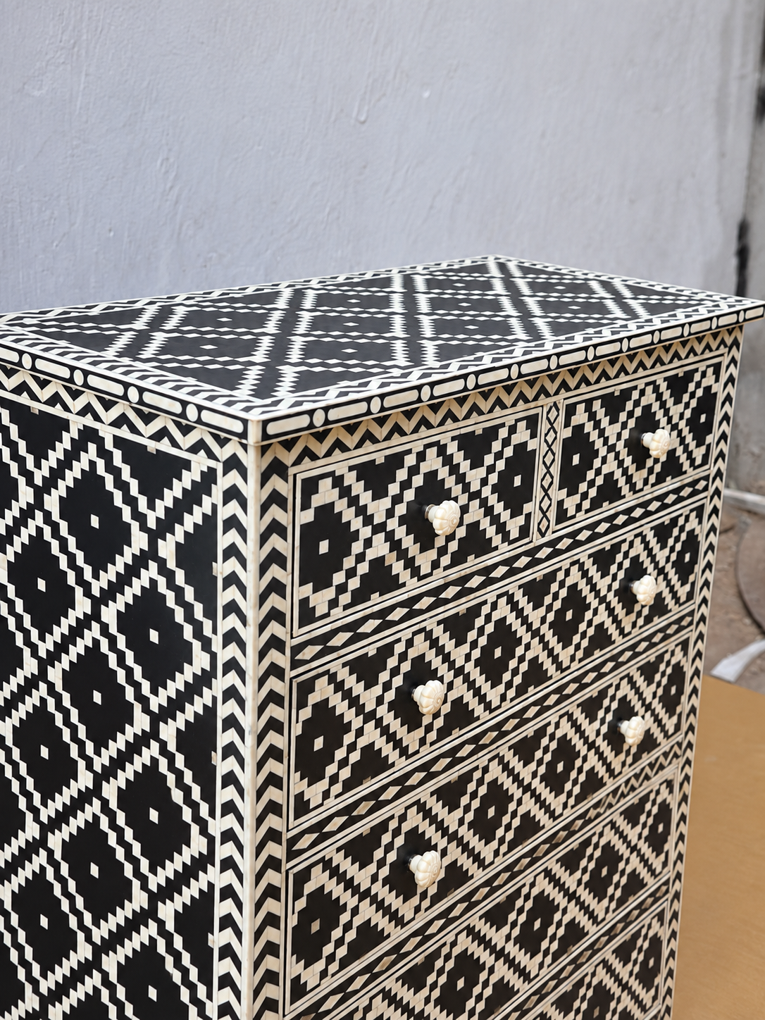 Handmade Black & White Bone Inlay 4 Drawer Dresser – Geometric Design