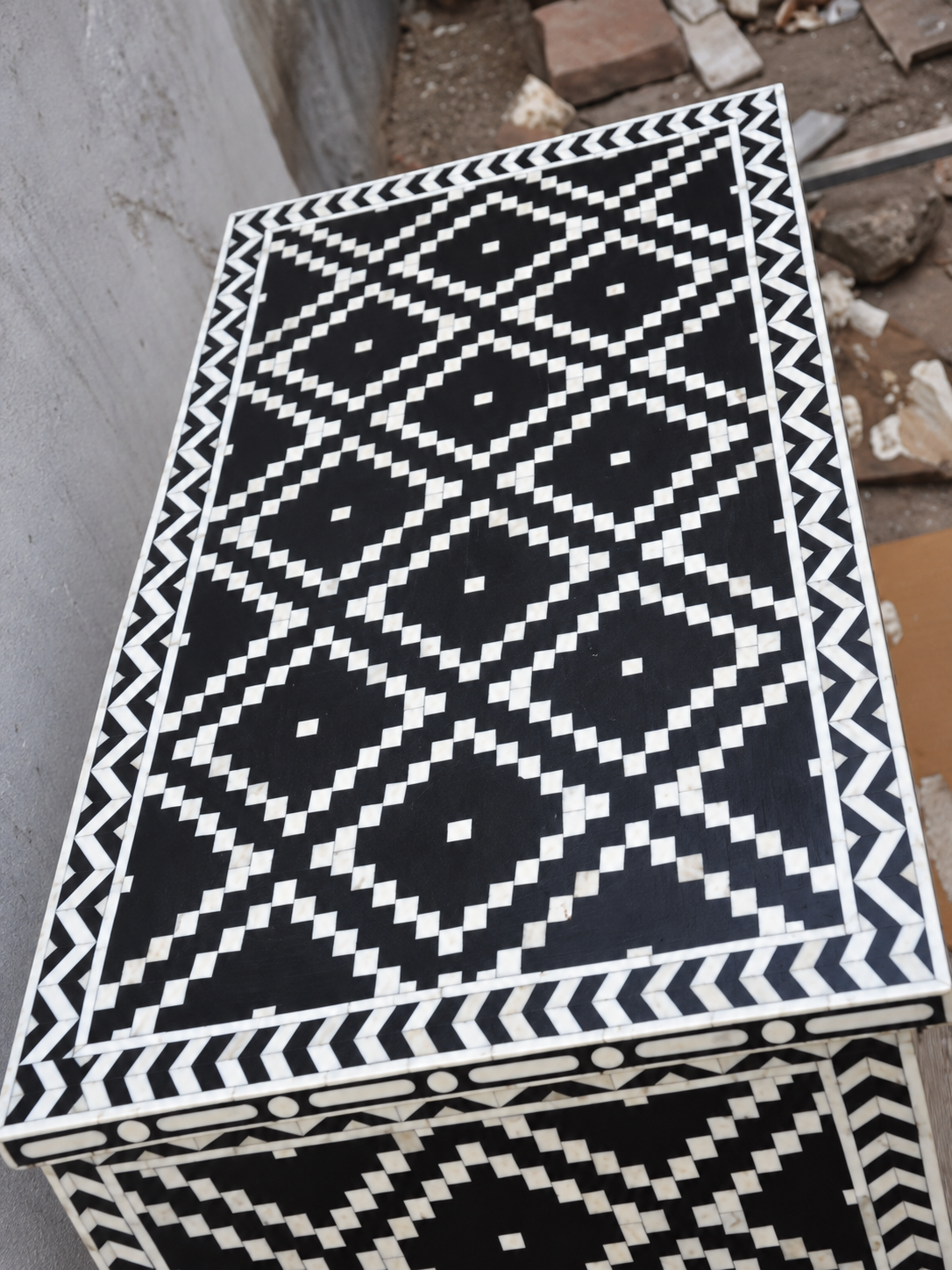 Handmade Black & White Bone Inlay 4 Drawer Dresser – Geometric Design