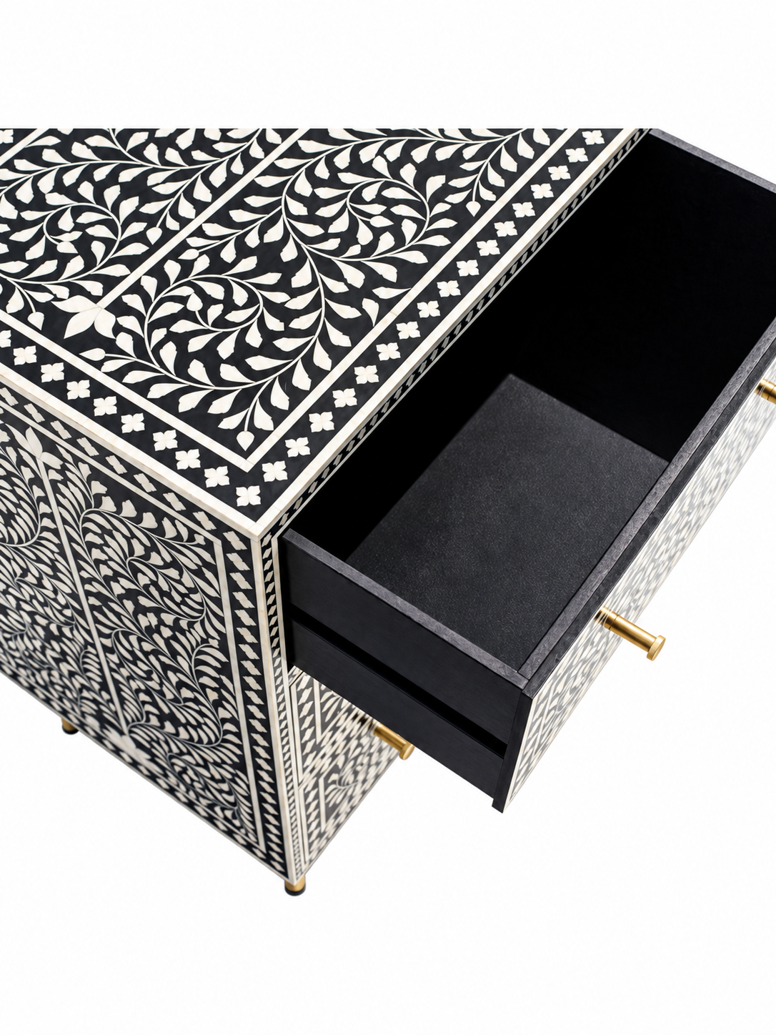 Handmade Black Bone Inlay 9 Drawer Dresser – Floral Vine Design