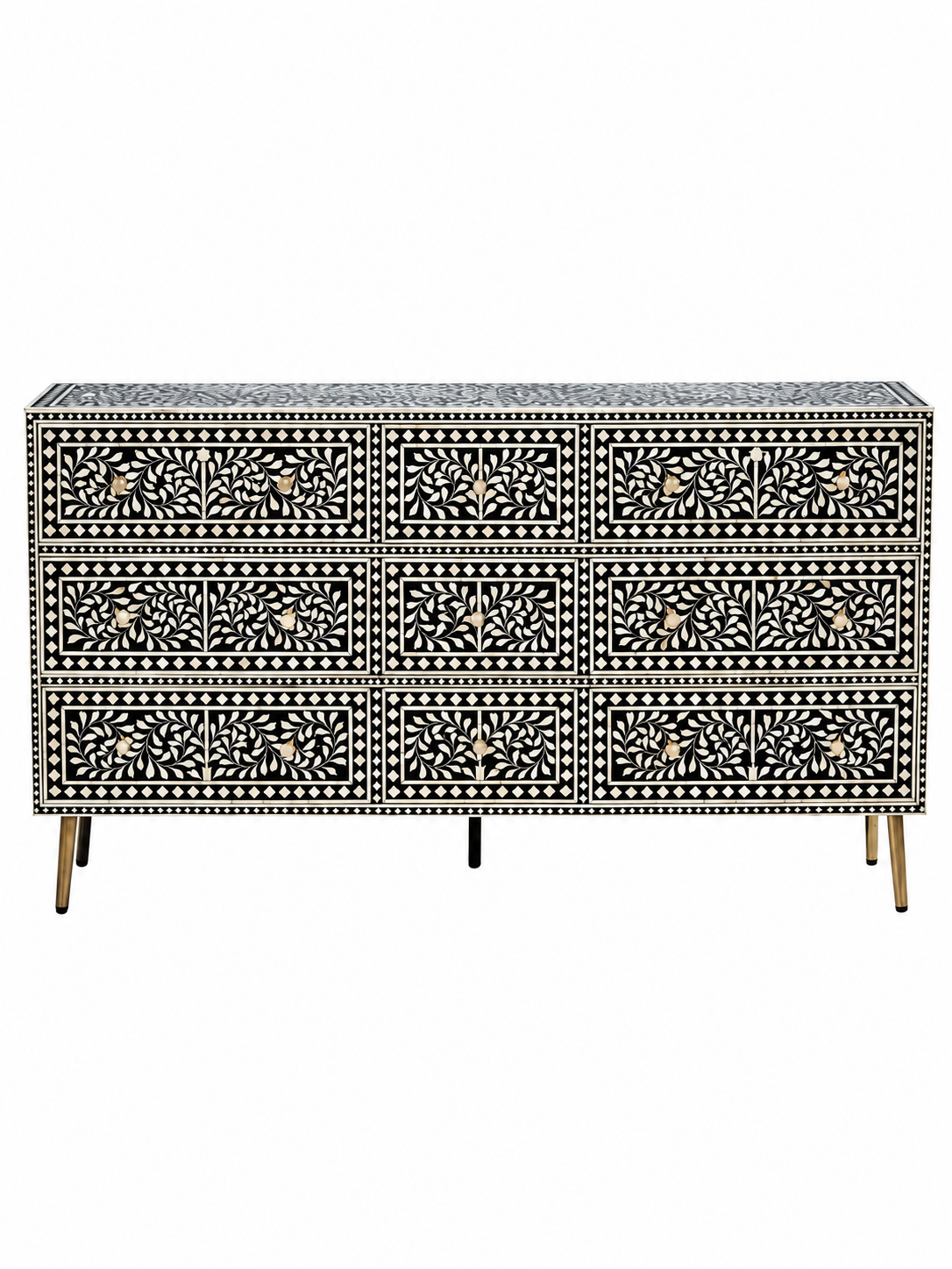 Handmade Black Bone Inlay 9 Drawer Dresser – Floral Vine Design