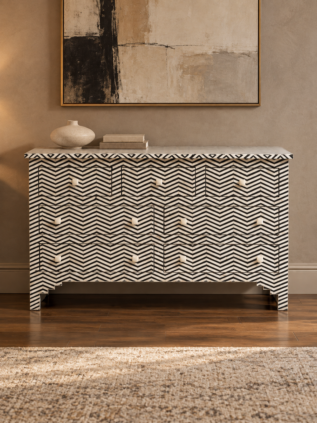 Handmade Black & White Bone Inlay 9 Drawer Dresser – Chevron Design