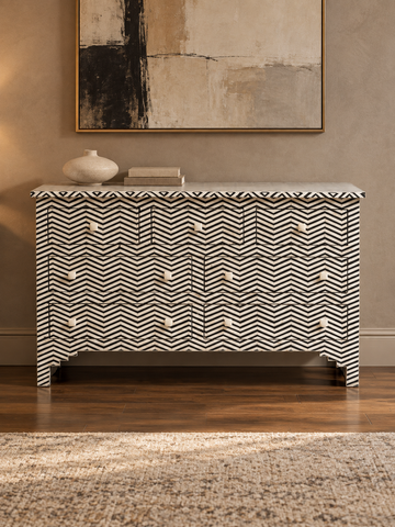 Handmade Black & White Bone Inlay 9 Drawer Dresser – Chevron Design