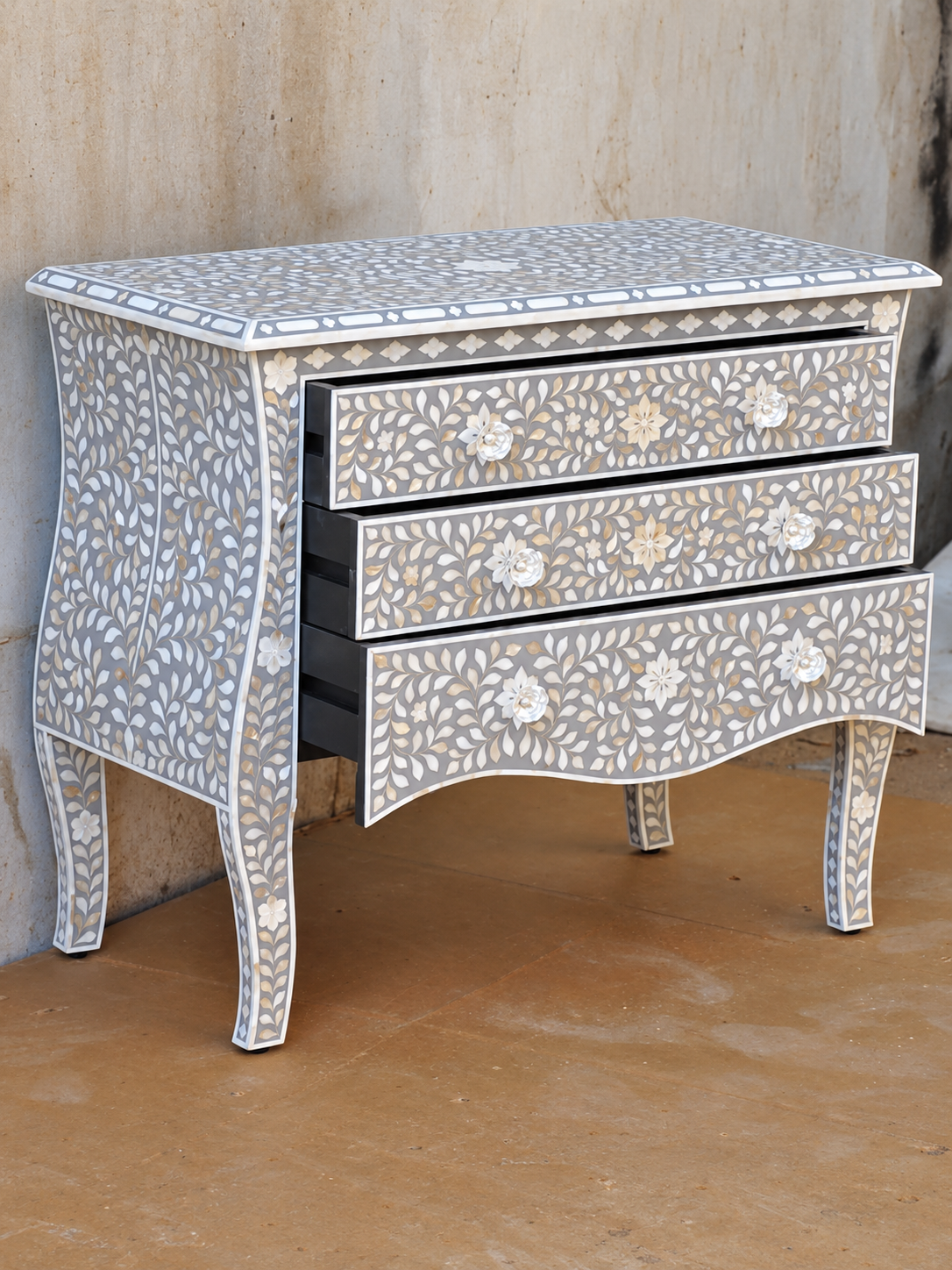 Grey Mother of Pearl Inlay Chest of Drawers – 3 Drawer Floral Dresser
