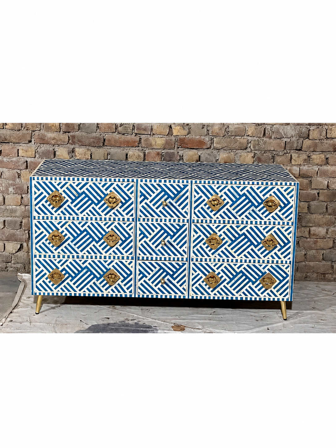 Handmade Blue & White Bone Inlay 9 Drawer Dresser – Geometric Design