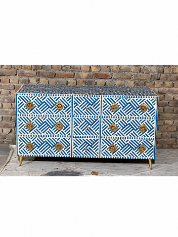 Handmade Blue & White Bone Inlay 9 Drawer Dresser – Geometric Design