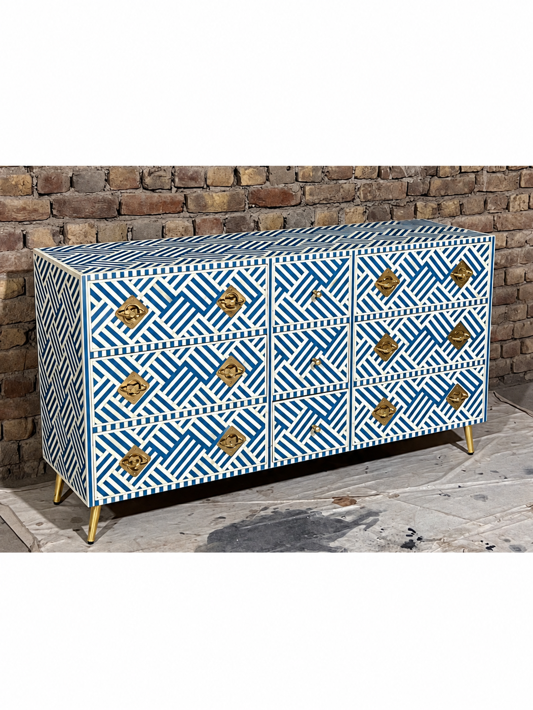 Handmade Blue & White Bone Inlay 9 Drawer Dresser – Geometric Design