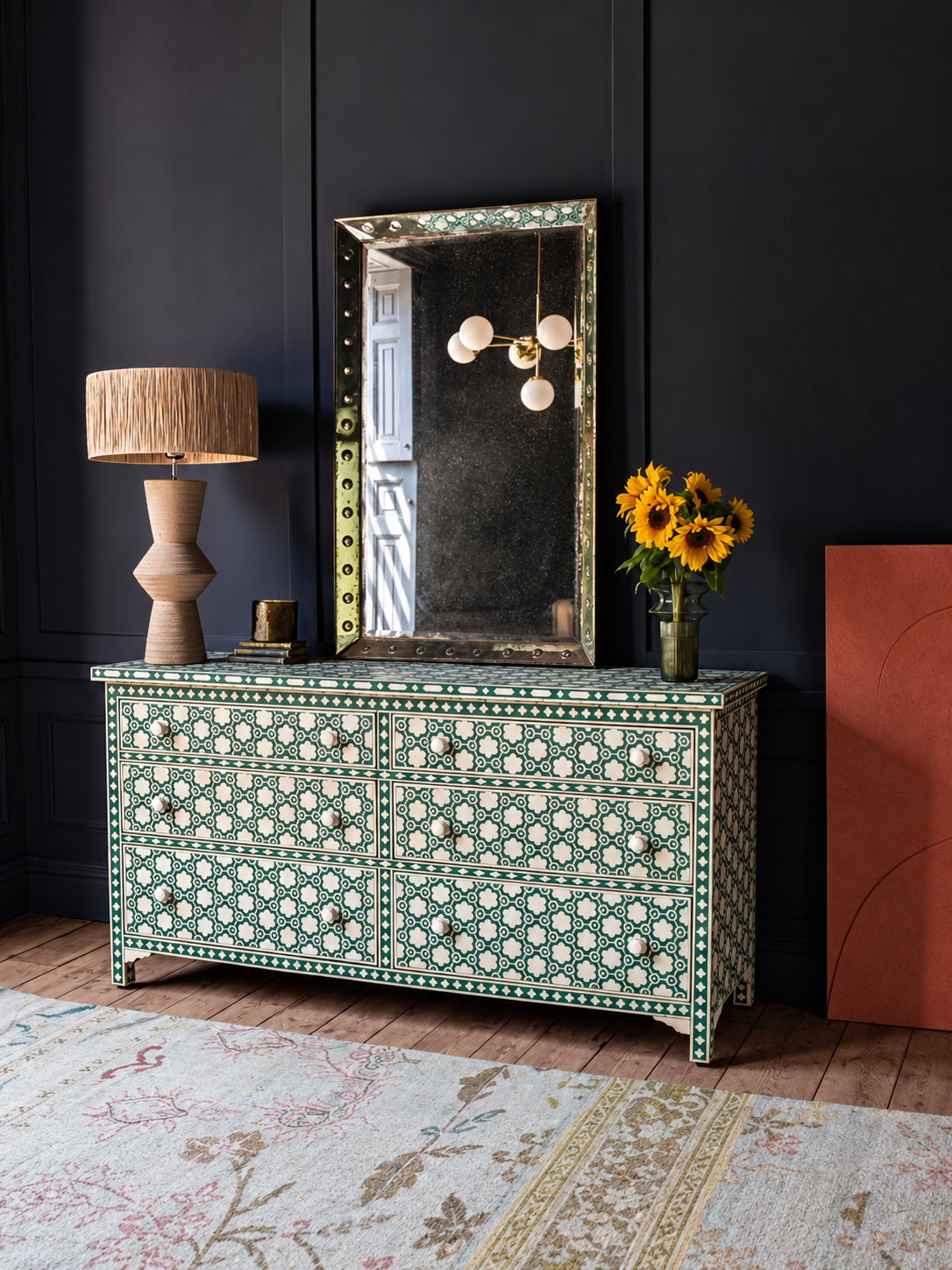 Handmade Green & White Bone Inlay 6 Drawer Dresser – Floral Design