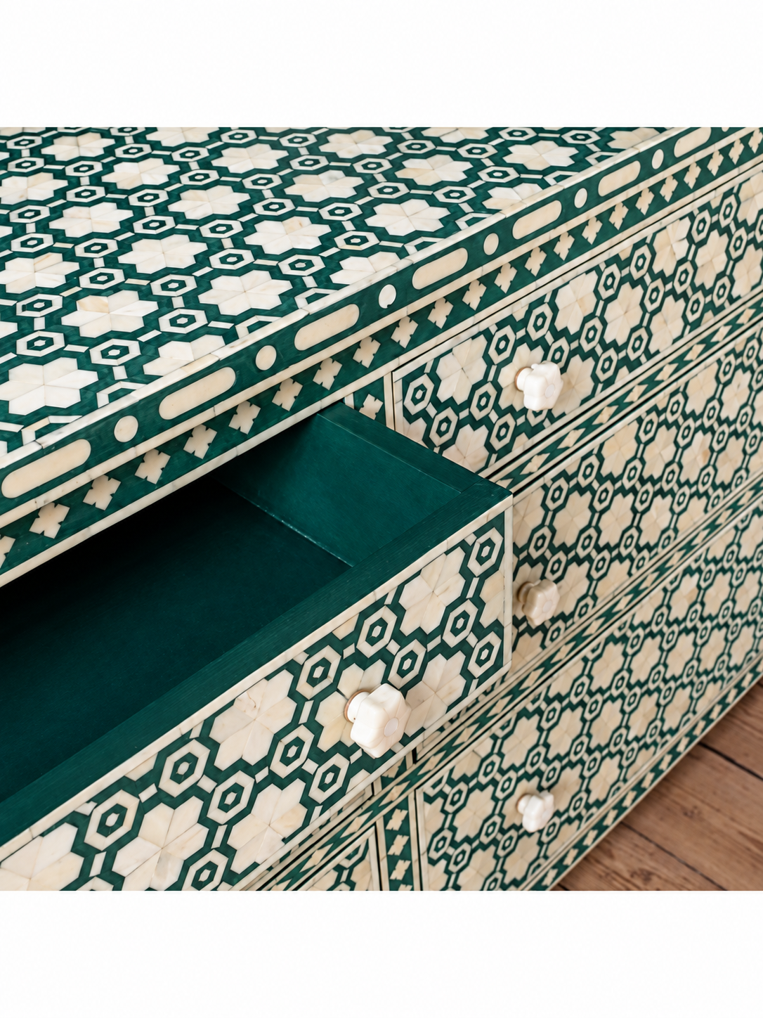 Handmade Green & White Bone Inlay 6 Drawer Dresser – Floral Design