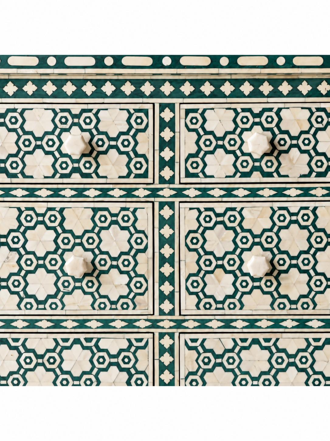 Handmade Green & White Bone Inlay 6 Drawer Dresser – Floral Design