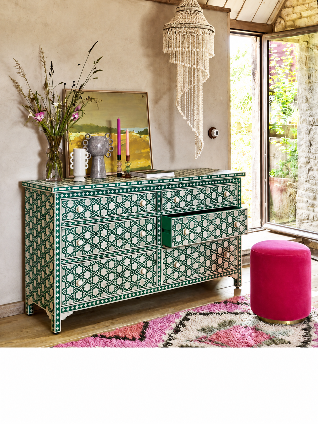 Handmade Green & White Bone Inlay 6 Drawer Dresser – Floral Design