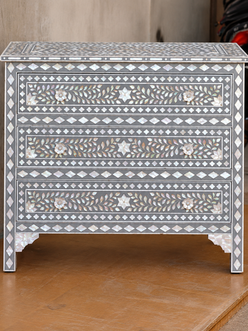 Grey mother of pearl inlay chest of drawers with three drawers, floral vine pattern and geometric border