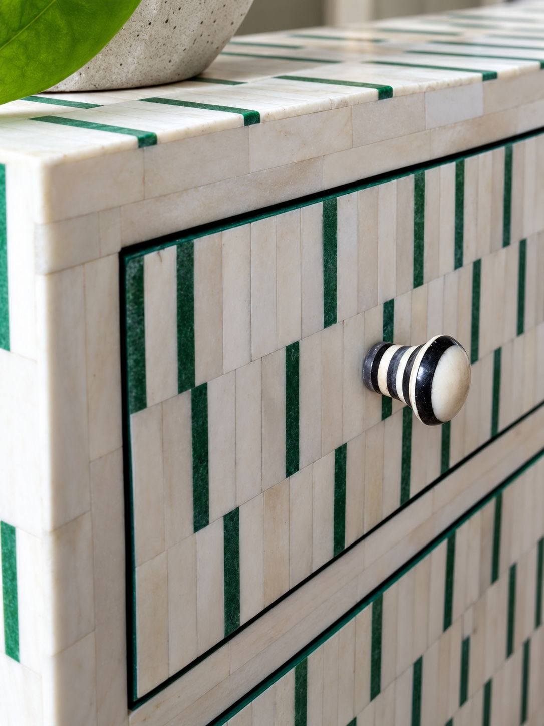 Handmade White & Green Bone Inlay Dresser – 3 Drawer Chest of Drawers